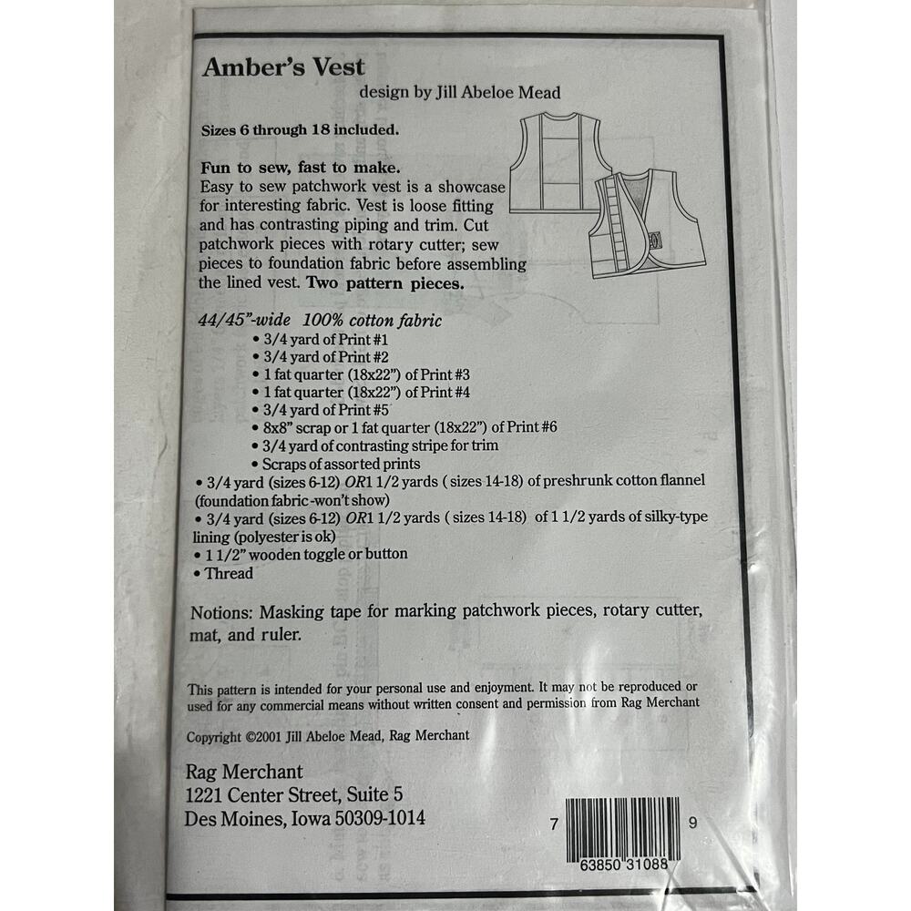 New Rag Merchant-AMBER VEST Pattern Sizes 6-16 Included - Picture 3 of 3